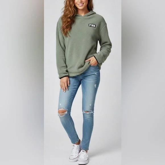 PINK Victoria's Secret Olive Green Fleece Pulls Hoodie Size Medium - Picture 11 of 11
